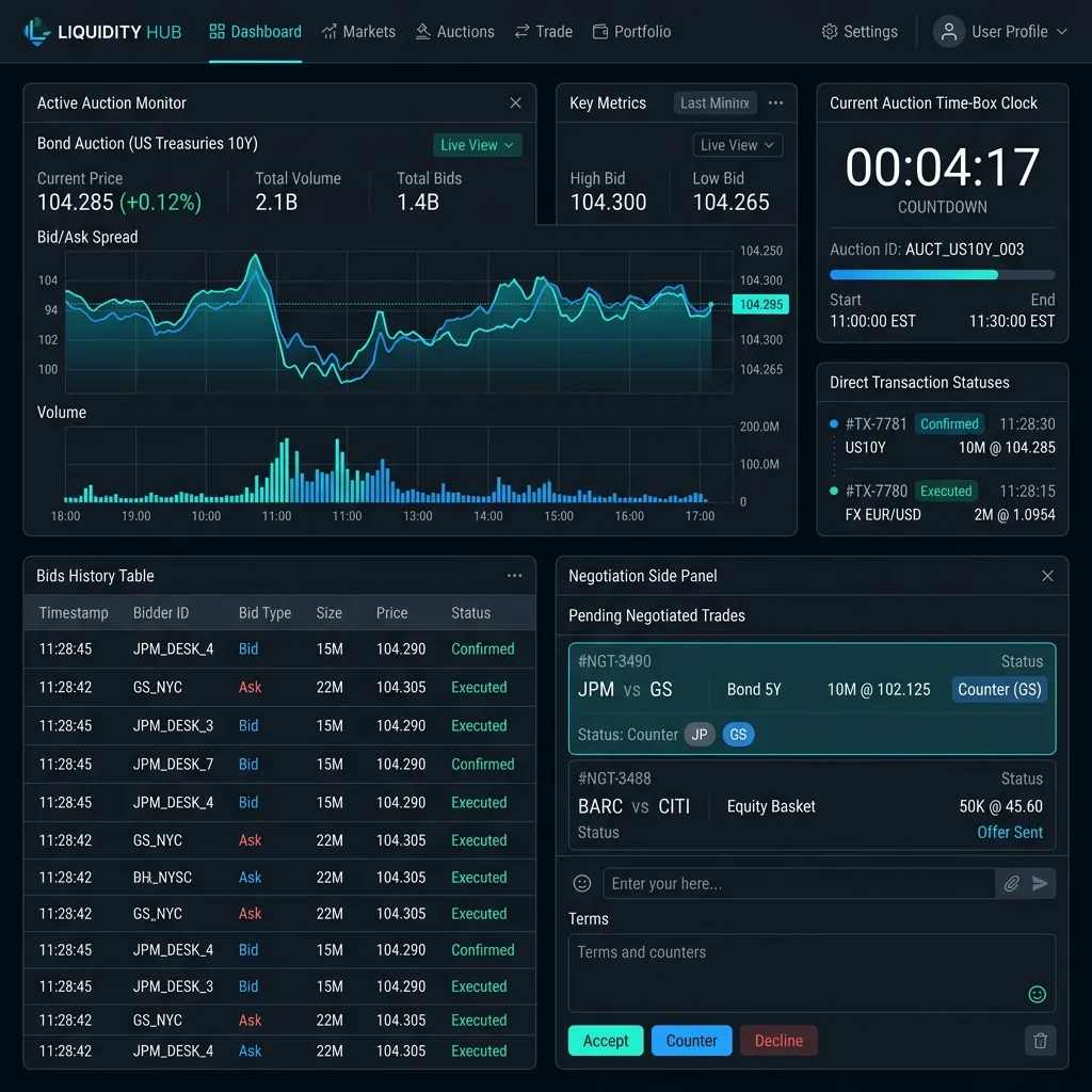 Liquidity Hub structured financial auction dashboard and bids history monitor