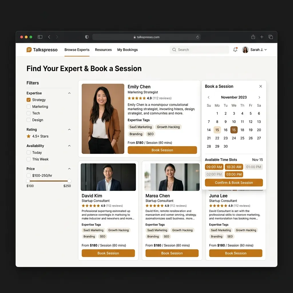 Talkspresso mentor booking and consultancy interface